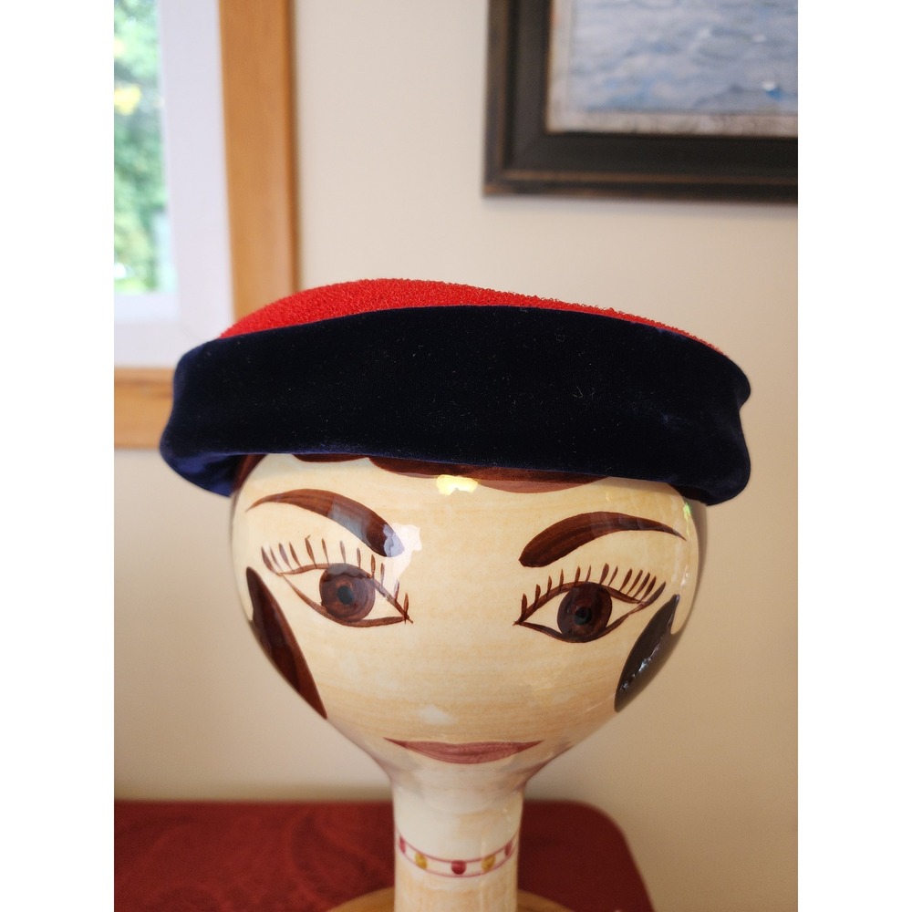 Vintage Red Textured Navy Velvet Pillbox Hat Adjustable Mid Century Retro Velvet